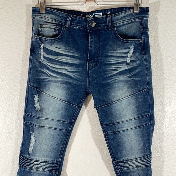 LEVEL 1 DENIM Super Skinny Fit Distressed Moto Jeans Size 32x32 - Picture 2 of 10